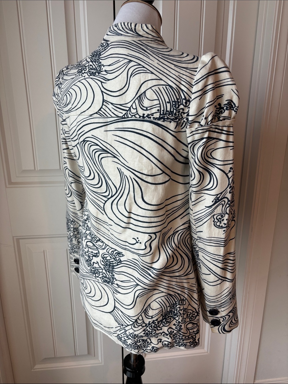 Anthropologie Elevenses Steamfest Wave Print Linen Blend Jacket Coat Size 4 - Picture 5 of 14